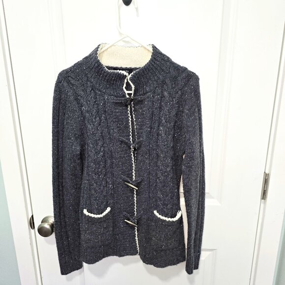 Relativity Cardigan Sweater Gray Cream Barrel Button Size Large Pockets - Picture 1 of 5
